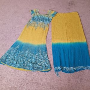 3 pieces indain sharara embroidery with beads hanging and sequences.